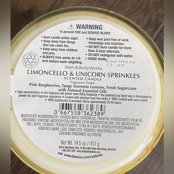 Limoncello & Unicorn Sprinkles Bath & Body Works 3 Wick Candle - Picture 4 of 7